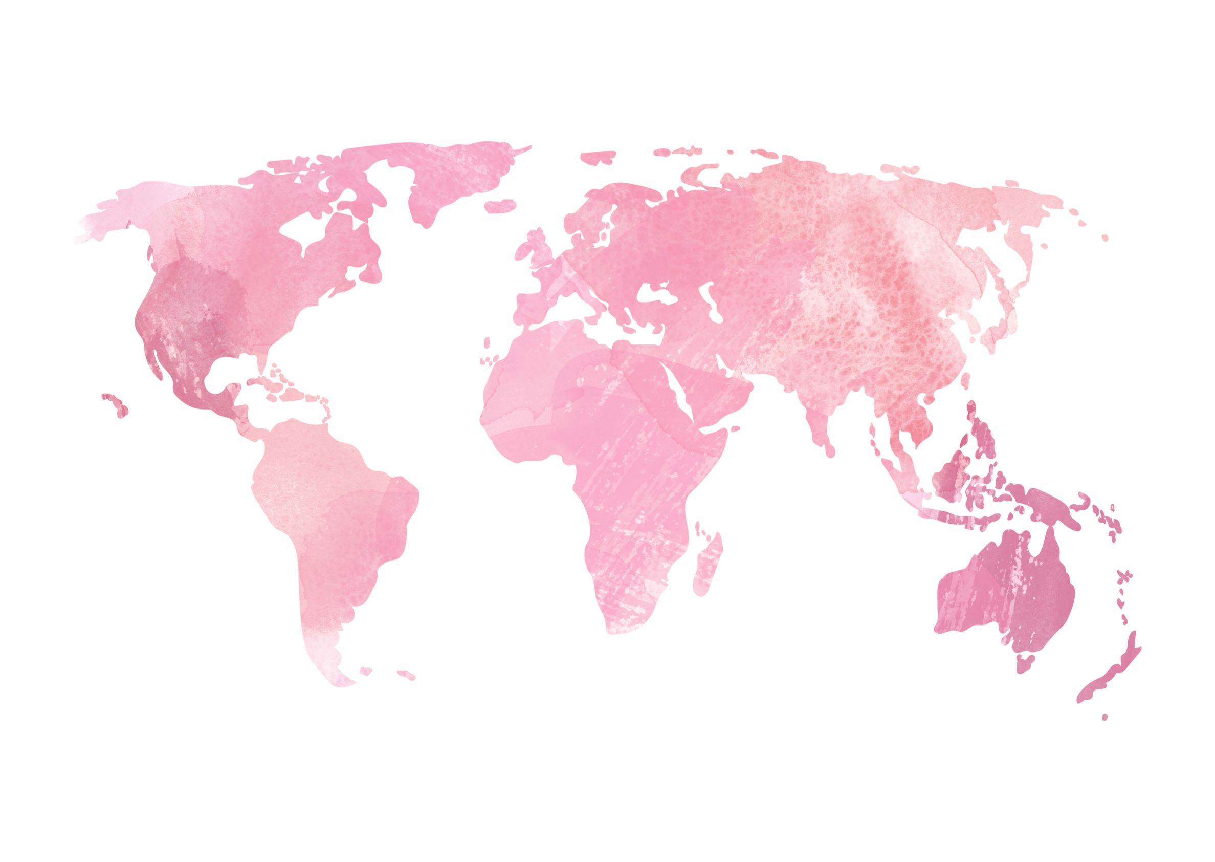 Pink World Map Showing Travel Destinations