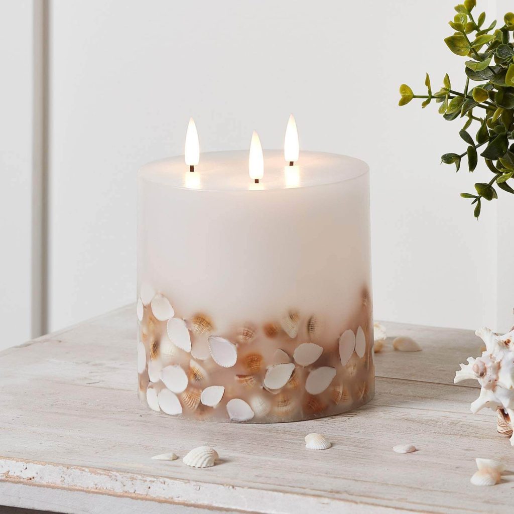 Seashell 3 Wick Ivory Wax Flameless LED Battery Operated Pillar Candle with Remote
